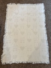 Vtg 2000 Cotton Woven Throw Blanket Basketweave Heart House Farmhouse Ecru 46x66