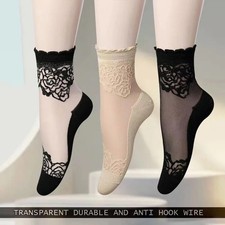 3Pairs Women Casual Daily Floral Lace Transparent Mesh Ankle Socks Cotton Sole