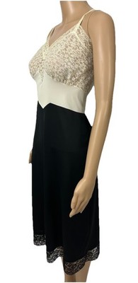 70s Vintage Full Slip Dress Van Raalte 36 Nylon Black & Ivory Lace Bodice & Hem