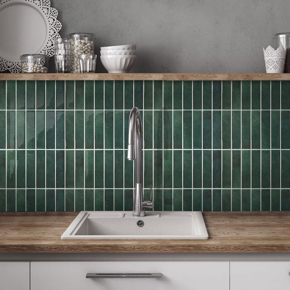 Green Peel and Stick Tile - 10 Pcs of 12'' x 12'' Vertical 3D Peel and Stick ...