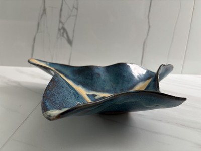 Handmade Studio Pottery Bowl, Organic Freeform Shape Blue & Sand Glaze, Signed