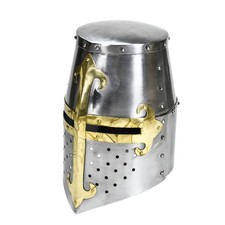 Medieval Templar Crusader Helmet Brass Cross 18G Steel Armor LARP Cosplay Prop