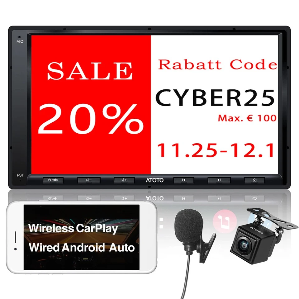 ATOTO A6 7-Zoll-Android 10 Doppel 2DIN GPS AI Radio Autoradio Mit Rückfahrkamera