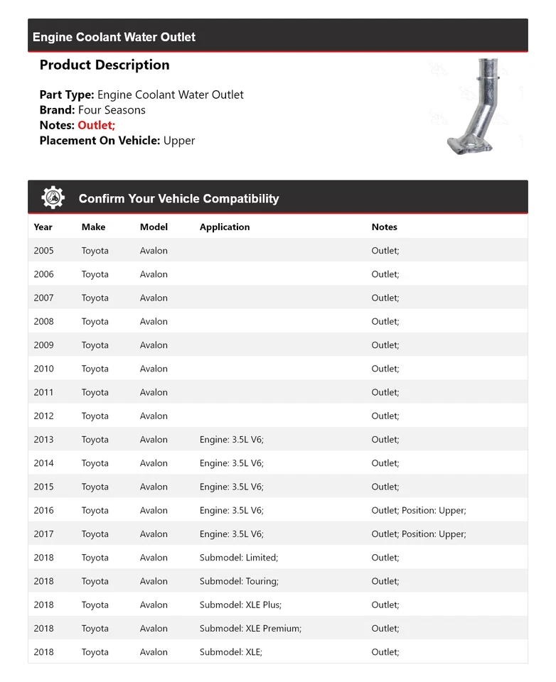 Salida de agua refrigerante motor Toyota Avalon 2005-2018 4 estaciones 2006 2007 2008 Foto 2 de 4