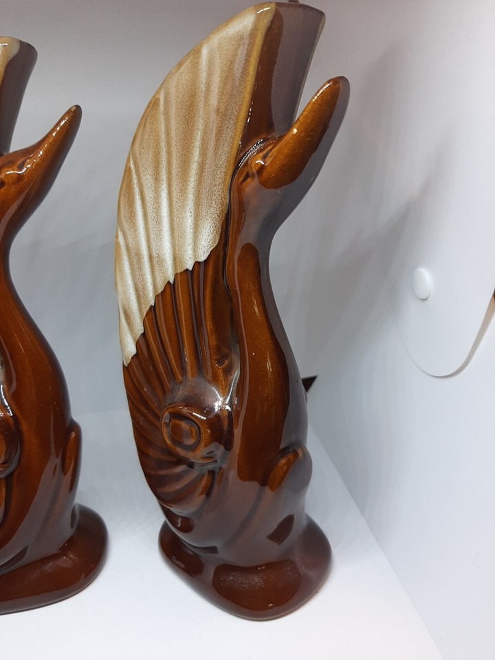 Art Deco bookends Swans Ceramic Brown Drip Glaze Retro Shelf Decor Boho eBay