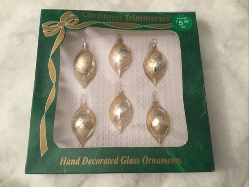 Vintage Box of 6 Hand Decorated Glass Christmas Ornaments Gold Oval ...