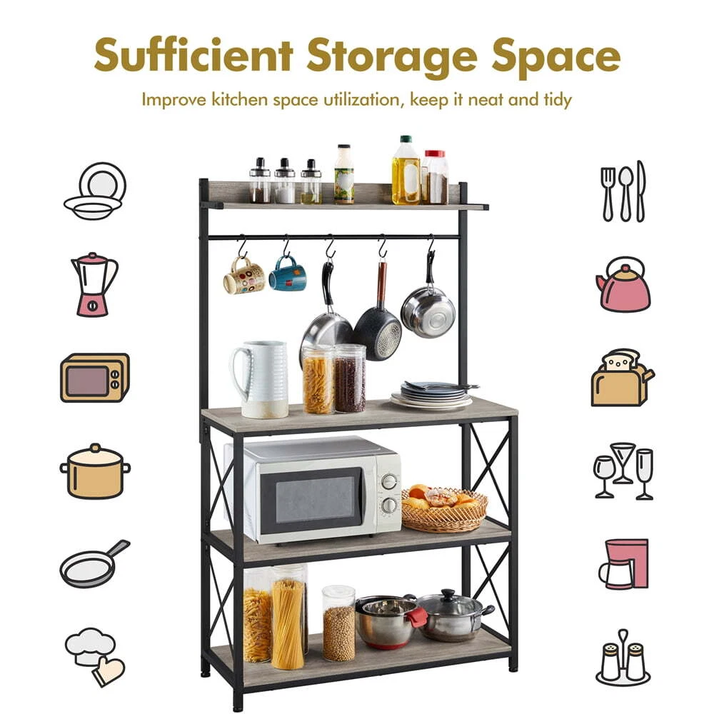 4 Tier Bakers Rack Industrial Kitchen Storage Shelf with S Hooks