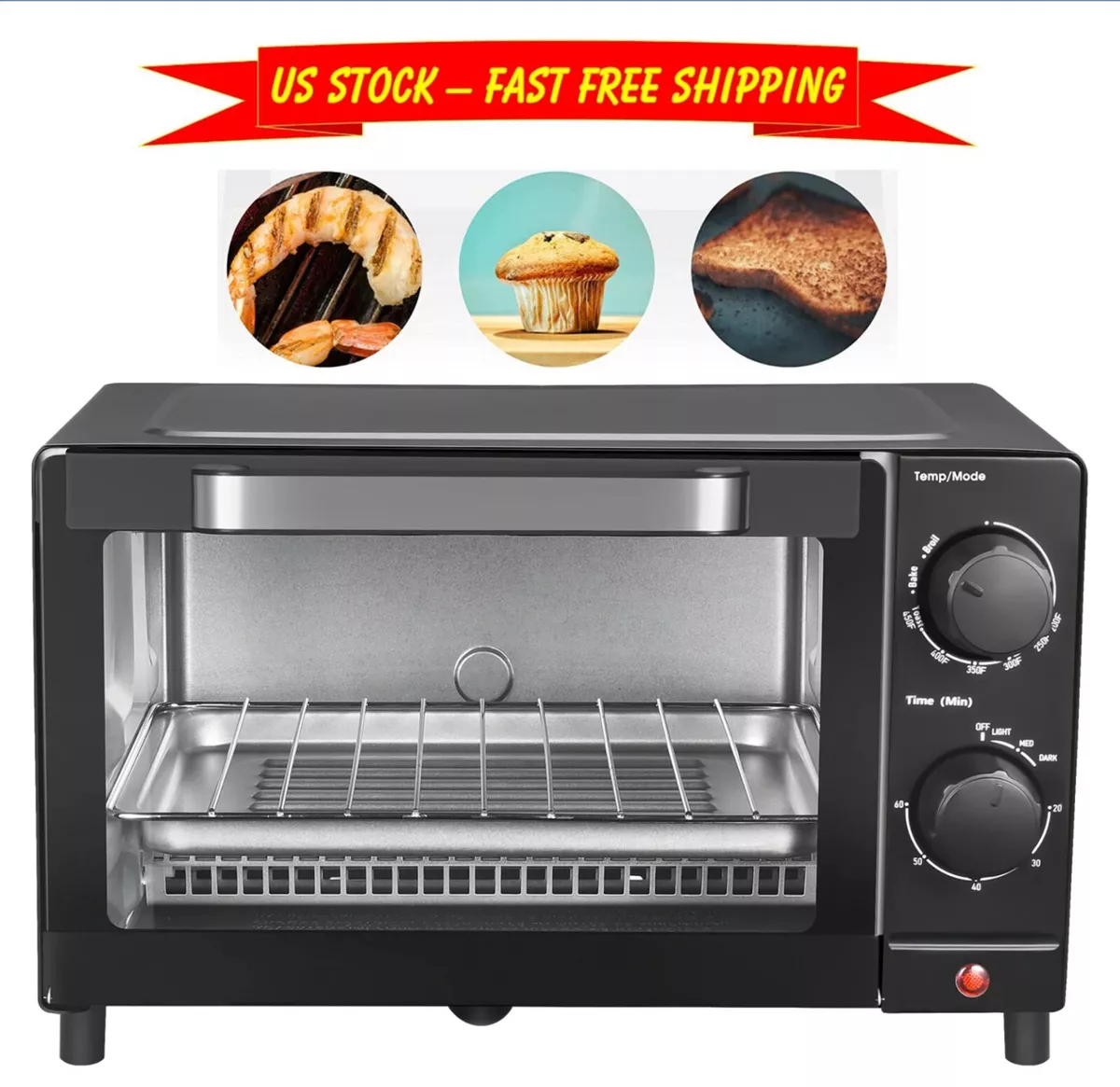 Mainstays 4 Slice Toaster Oven with 3 Setting, Baking Rack and Pan, Black,  New