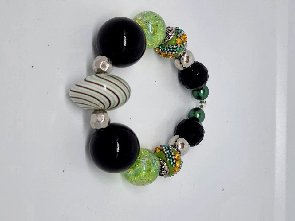 NUEVA PULSERA LILAH ANN BOHO CUENTAS Elástica Verde PLATA Negro DIAMANTES DE IMITACIÓN G57 Foto 3 de 4