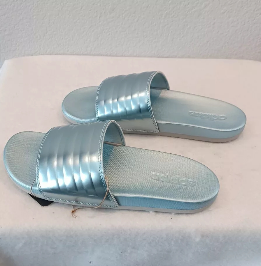 New Women s Adidas Adilette Comfort Slides MetallicGrey GV9740
