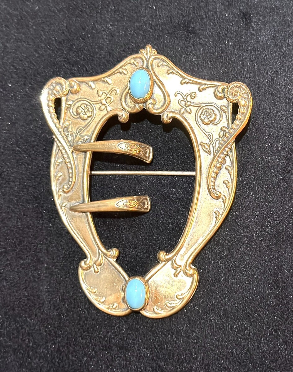 Victorian Sash Buckle Basketweave Art Nouveau hinged Turquoise glass Cabochon Antique Victorian Turquoise Glass Cabochon Scarf Sash Belt  main image 3