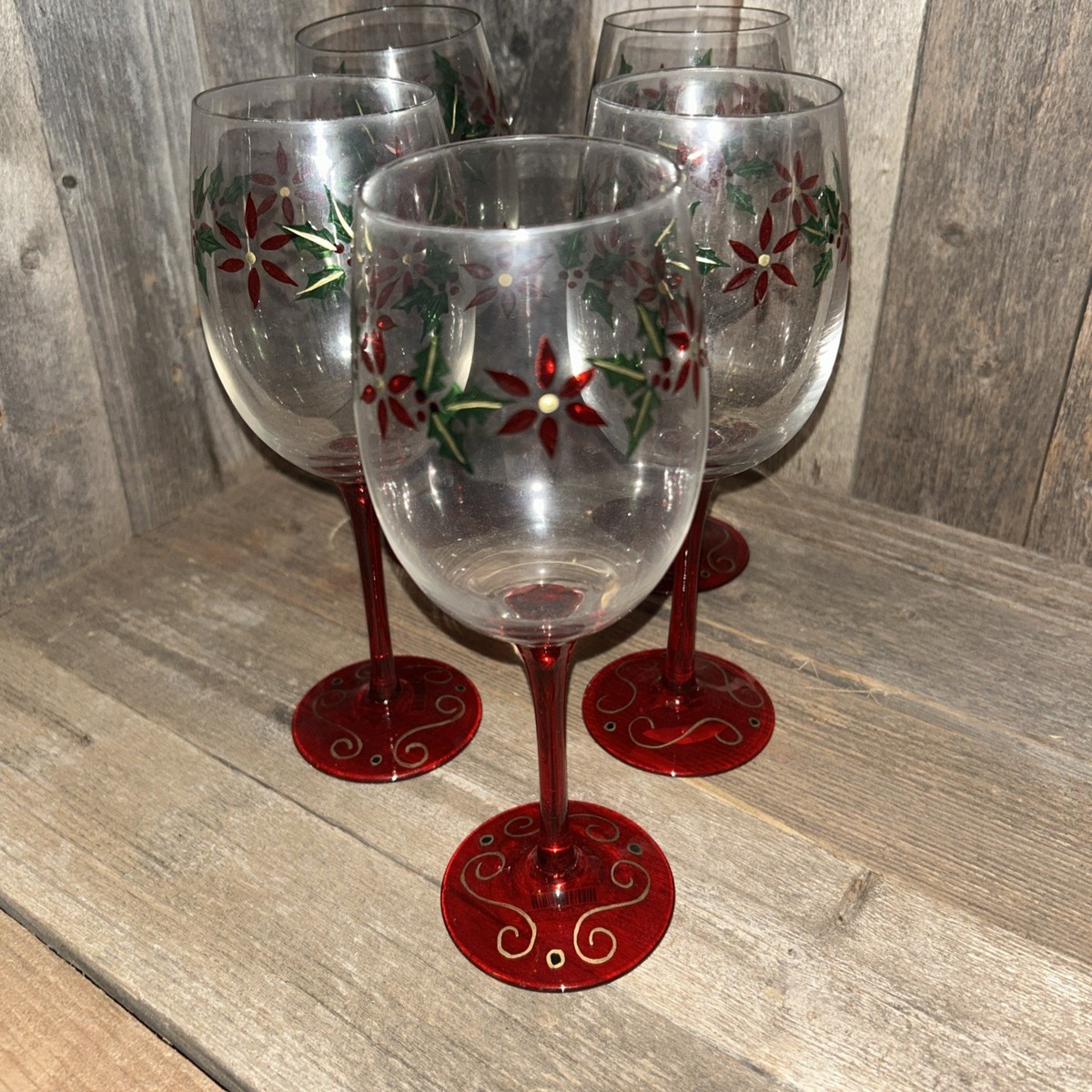 Pier 1 Poinsettia Hand Blown Crystal Wine Glasses 16 Ounces Set Of 5- Christmas | eBay