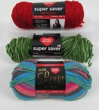 Mixed Lot of 3 Red Heart Yarn Skeins Red Metallic, Green Tones, Leisure Stripe