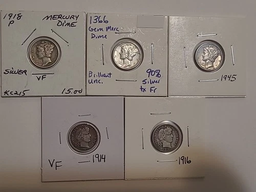 Lot Of 5 Silver Dimes 2 High Grade Merc 1 Older Date Merc &2 Better Grade Barber