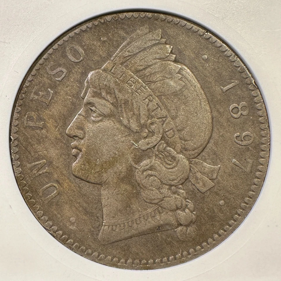 1897 Dominican Republic Peso Silver ANACS Soapbox XF-40 Tough Grade and Holder - Image 2 of 3