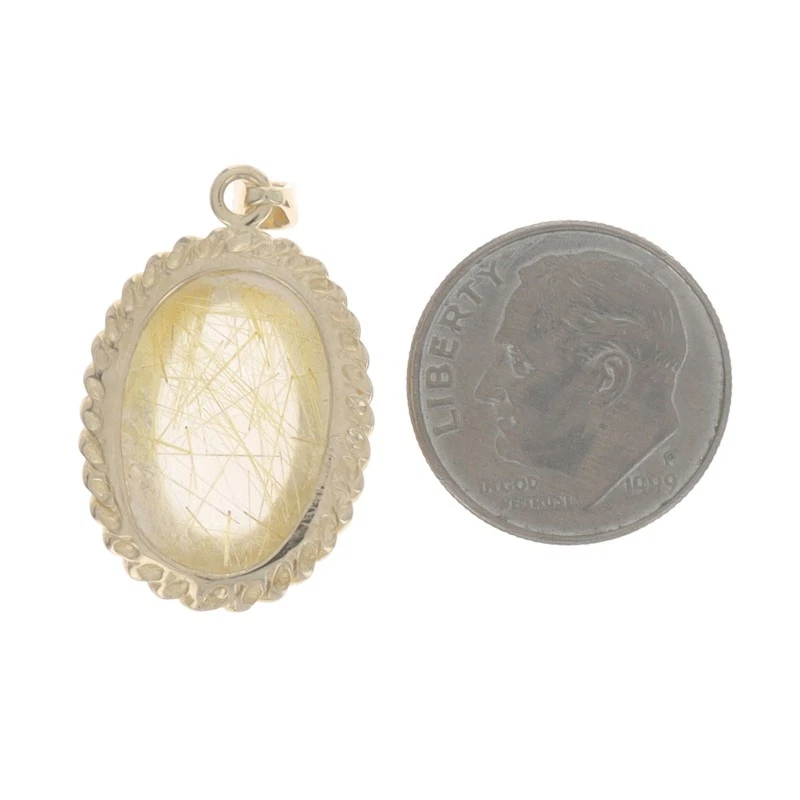 Pendentif Solitaire En Quartz Rutilé En Or Jaune - Cabochon Ovale 14k 11,90ct - Photo 3/4
