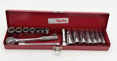 Vintage Husky Tools SAE 17pc Socket Set Made In USA Red Metal Box