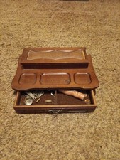 Vintage Wooden Shoe Shine Valet Box Foot Rest Drawer Brushes Mid Century