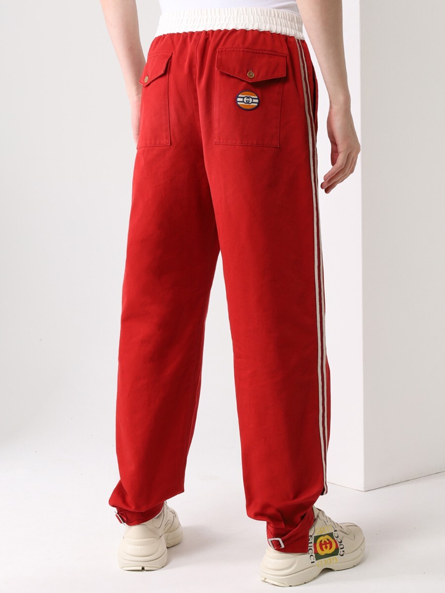 New Gucci Men's Military Red Cotton Embroidered Logo Drill Pants