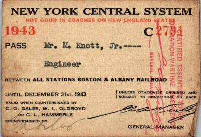#ad 1943 New York Central System Railroad Pass Engineer $10.88