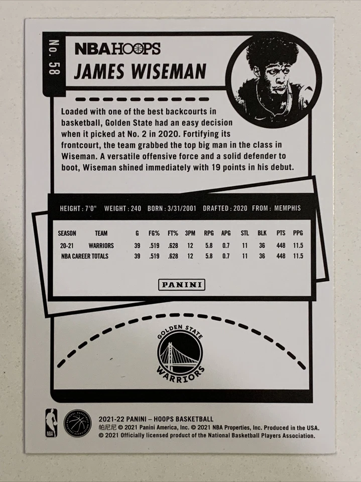 James Wiseman Card 2021-22 Panini NBA Hoops Yellow Variation, Warriors, Ship0.99 - Image 2 of 2