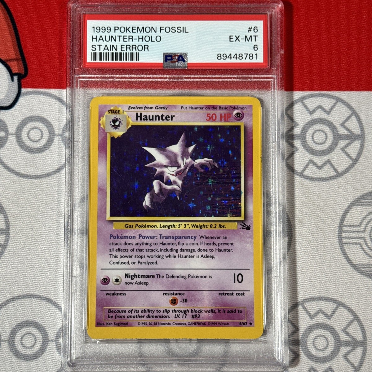 ERROR Blue Ink STAIN PSA 6 Haunter-Holo #6 1999 Pokemon Fossil
