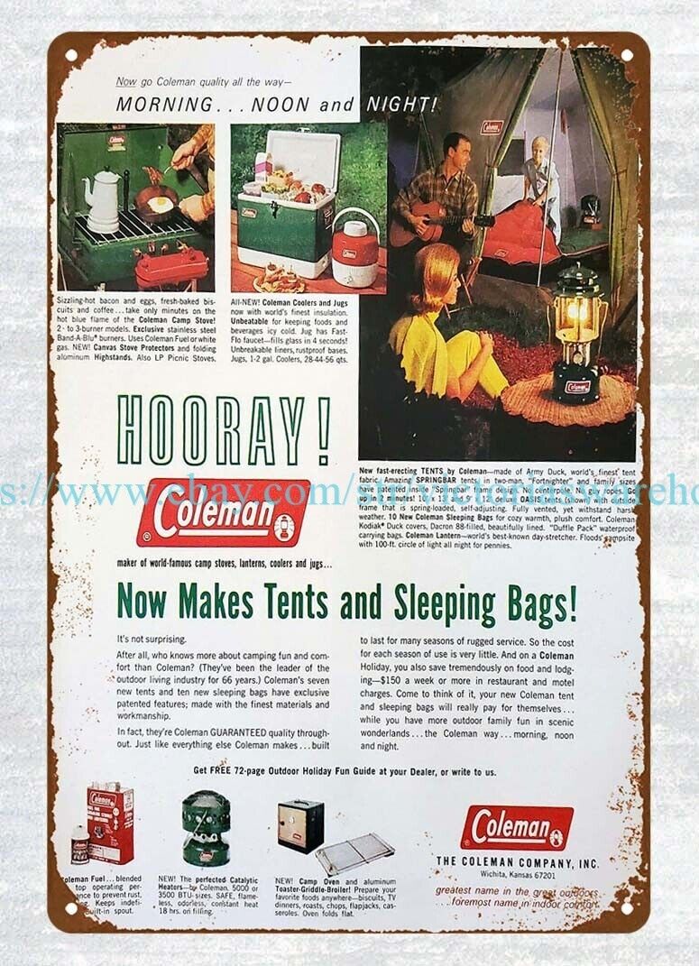 1966 Coleman Camping Products Lanterns Sleeping Bags Tents metal tin sign
