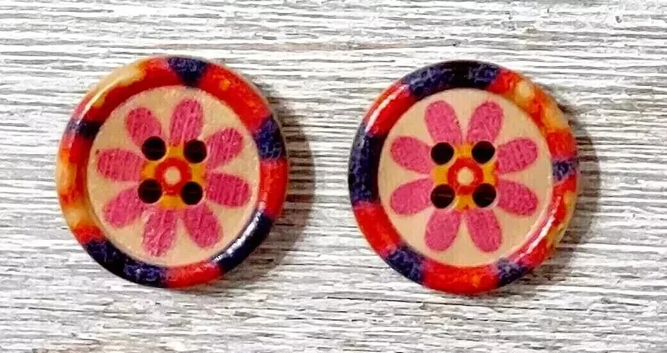 flower boho wood buttons sewing 4 holes 3/4 inch orange pink 2pc - Image 2 of 2