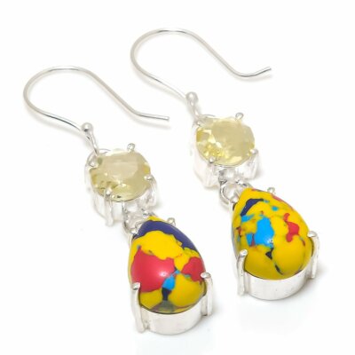Mosaic Jasper, Citrine Gemstone 925 Sterling Silver Jewelry Earring 1.97 ''