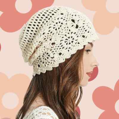 Boho Festival Vintage Flower Crochet Beanie Cap Knit  Hat NEW w Gift Box