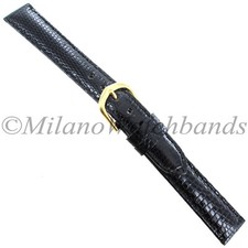 15mm Milano Black Genuine Lizard Padded Stitched Watch Band Regular