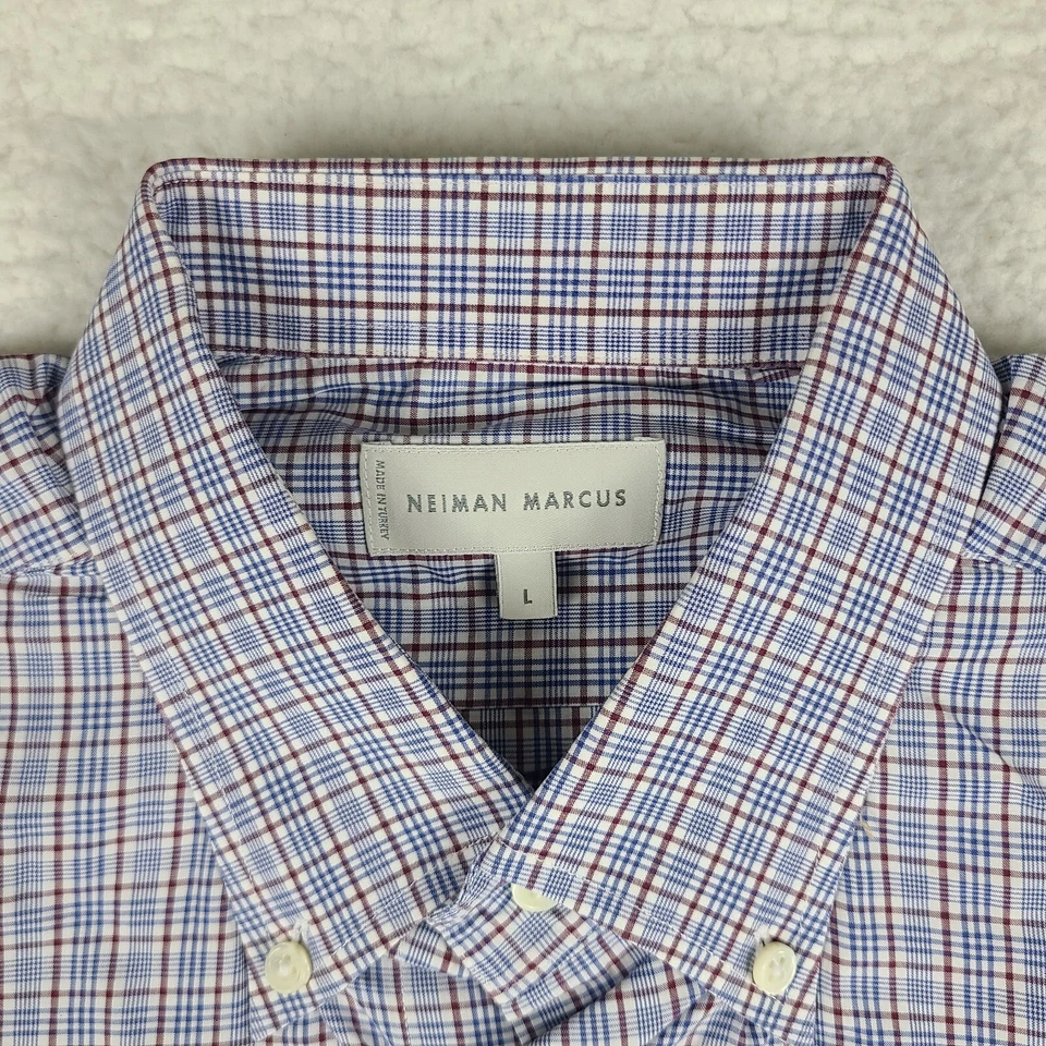 Neiman Marcus Shirt Mens Large Blue Plaid Cotton Dress Button Down ITALY MADE - Image 4 of 4