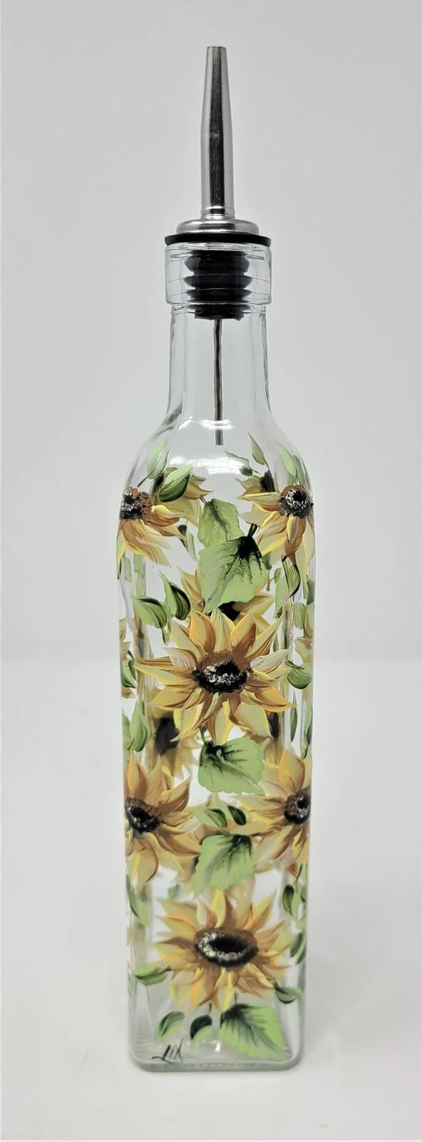 Oil Vinegar Glass Cruet Soap Bottle Yellow Sunflowers Hand Painted
