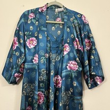 VTG California Dynasty night gown  robe women S teal satin glamorous floral cl