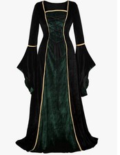 NWT Medieval Renaissance Dress Green Black Velvet Lace Up Bell Sleeve Gothic