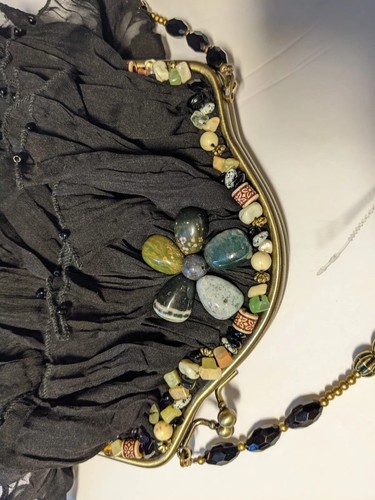Black Silk MARY FRANCES Evening Purse Handbag Bag, Natural Stones & Beads, New - Picture 6 of 11