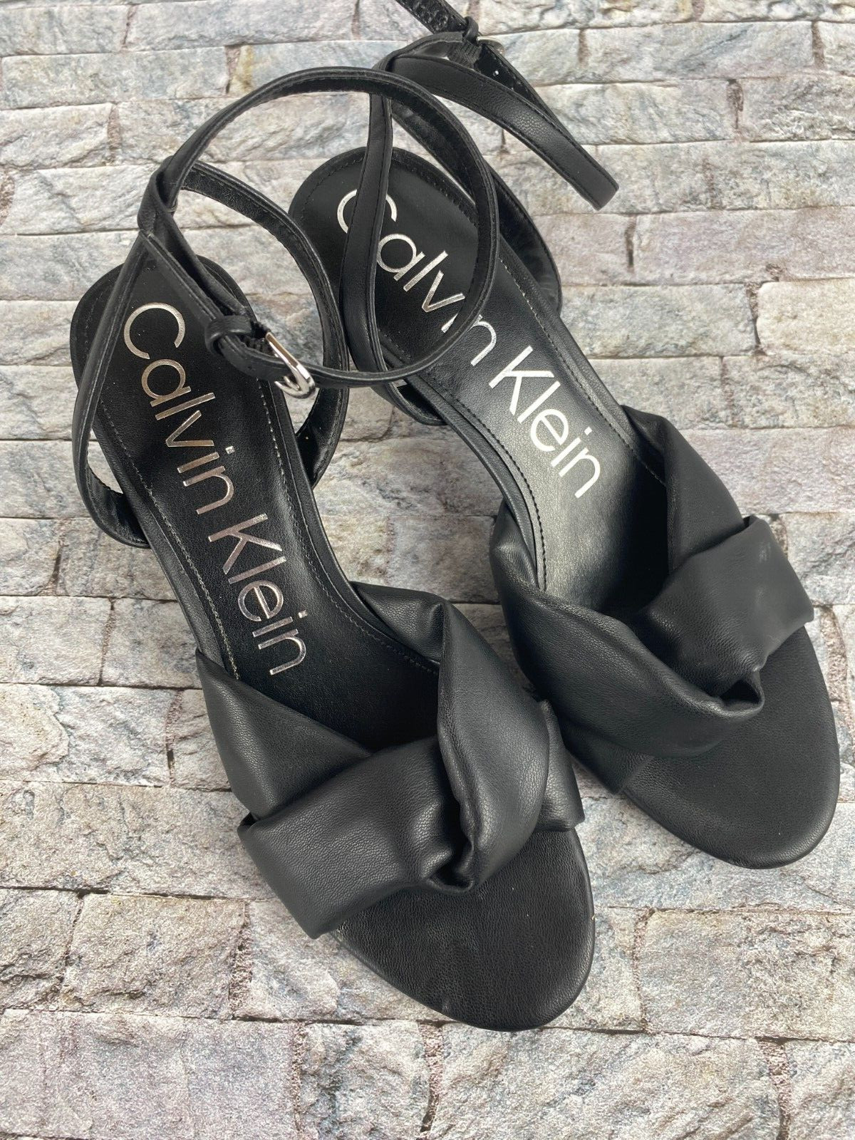 Calvin Klein Women's Sz 8.5 Black Round Toe High Heels With Ankle Straps