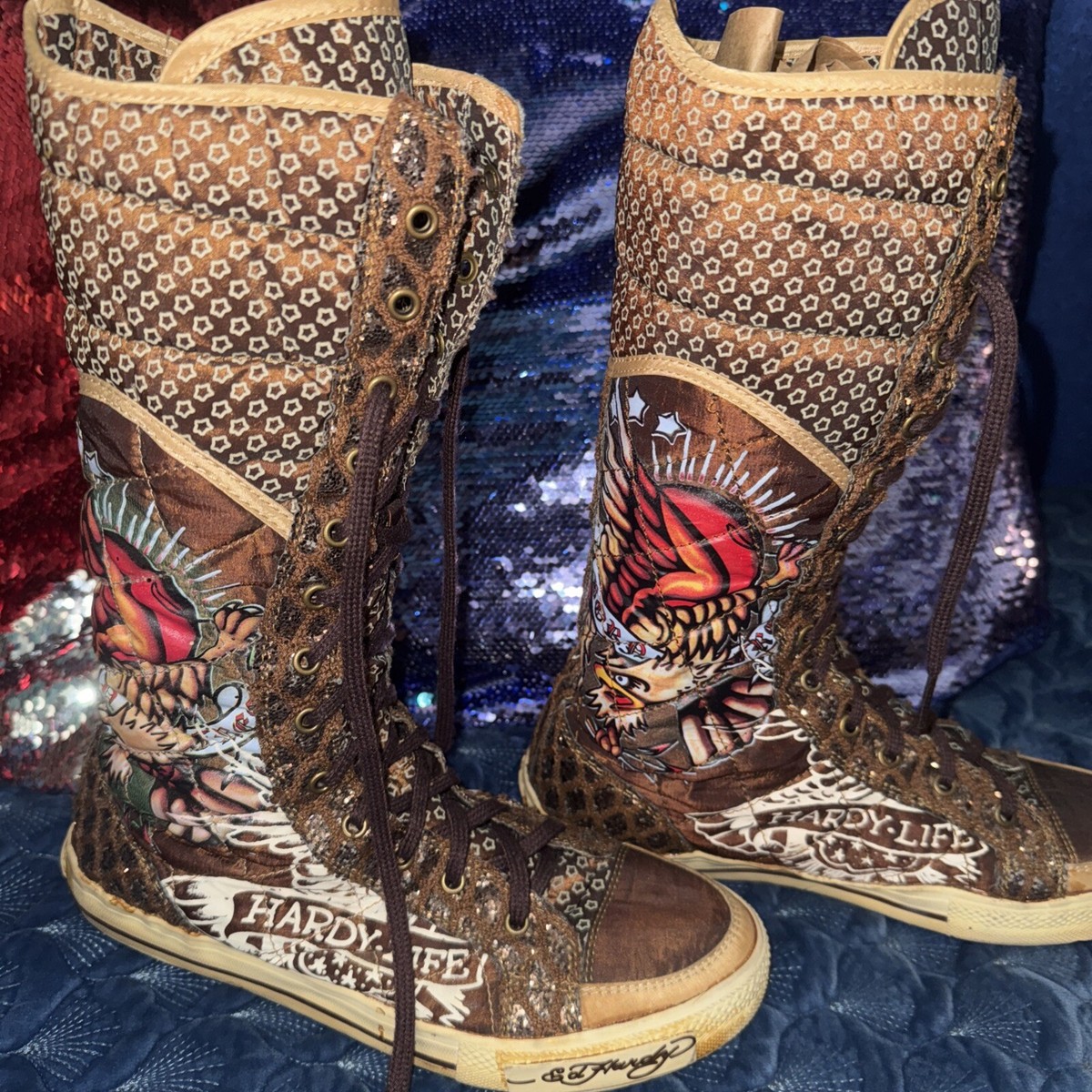 Ed Hardy Size 8 Ed Hardy LIFE High Top Sneakers Brown, Excellent