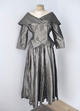 Vtg 80s retro 50s gray taffeta polka dots 2-pc evening skirt suit portrait top S