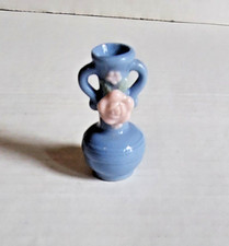 Miniature - Vintage Occupied Japan Blue Vase with Pink Flowers  Two Handles -2"