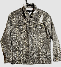 New Ashley Mason Denim Trucker Jacket Women Xs Leopard Print Ls Distress Stretch