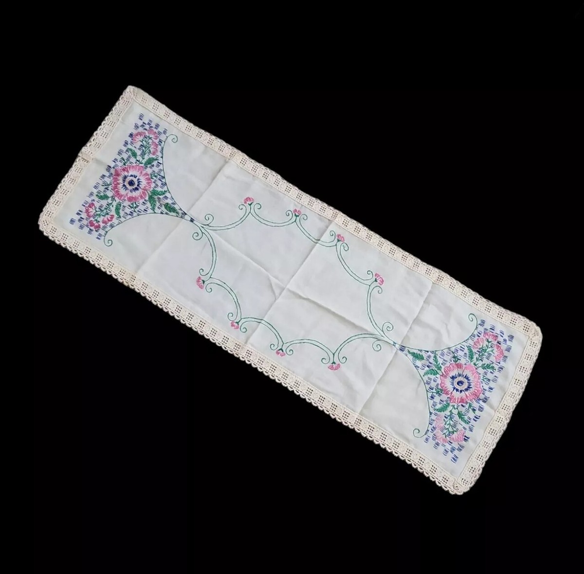 Vintage Embroidered Table Runner Dresser Mantle Scarf Lace Trim Handmade  Floral | eBay