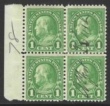 Al Smith, 1934 Autograph on 1c Franklin, Rotary Press Block of 4, Mint., H.