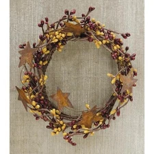 NEW Primitive Berry Wreath Candle Ring Rusty Stars 4" BURGUNDY GOLD  Pips Rustic