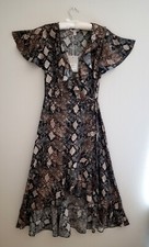 Chelsea 28 Womens Ruffle Wrap Dress Brown Snakeskin Flutter Sleeve, Rayon Sz XS