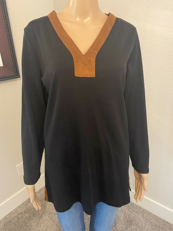 Lauren Ralph Lauren Size XL Black Top Faux Suede Trim Long Sleeves Blouse - 017