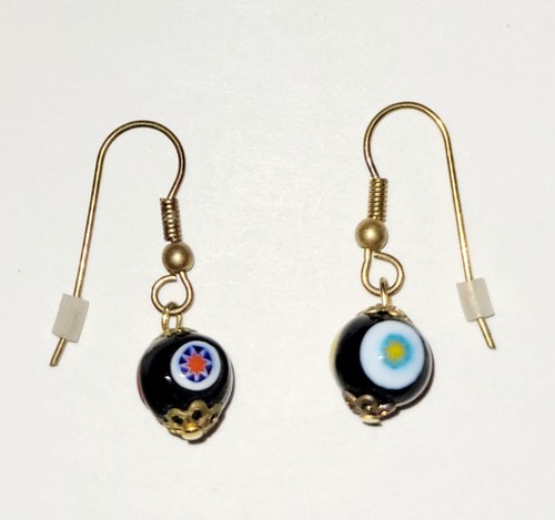 Vintage 1980s GlassOfVenice-Murano Glass Mosaic Black Ball Earrings