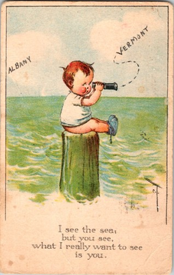 #ad Pre Linen signed BOY WEARING NO PANTS USING BINOCULARS TO SEE YOU j 02 BJ7258 $3.25