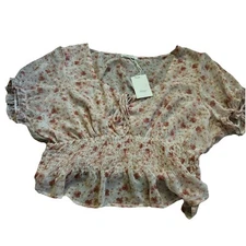 Active USA Blouse Women 1XL Blue Pink Sheer Floral Chiffon Tie Front Crop Puff