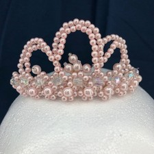 American VINTAGE 90's Handmade Mini Tiara Beaded with Pearl Pink Crystal Beads